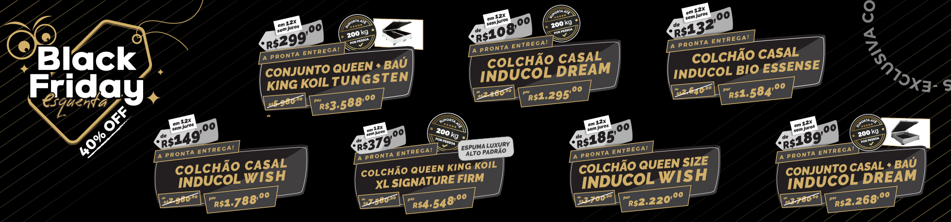 ofertas Black Friday Exclusiva Colchões com descontos em conjuntos e colchões Queen e Casal.