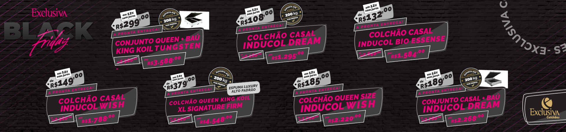 Banner de ofertas Black Friday Exclusiva Colchões com preços promocionais de modelos Inducol e King Koil, em até 12x sem juros e pronta entrega.