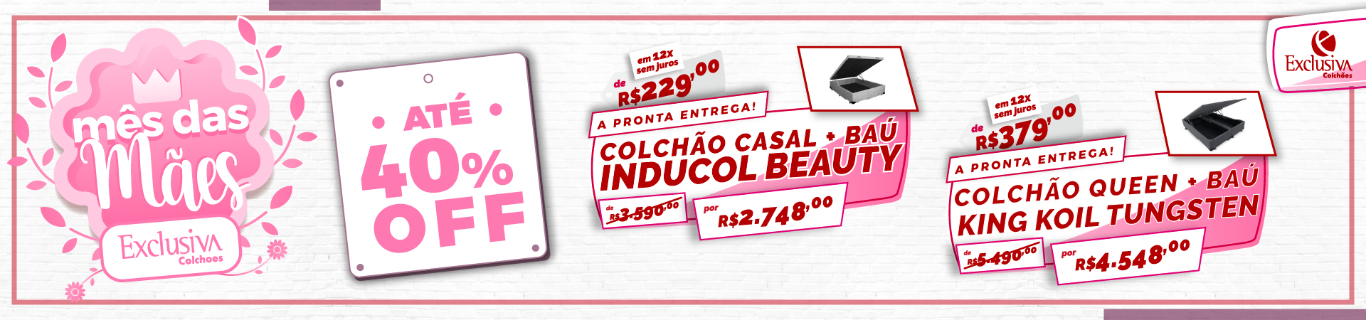 Promoção Mês das Mães com até 40% OFF em colchões King Koil e Inducol com baú na Exclusiva Colchões
