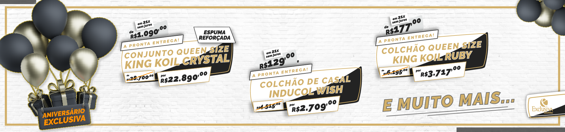 Banner promocional de aniversário da Exclusiva Colchões com ofertas especiais em colchões Queen Size King Koil Crystal, King Koil Ruby e Inducol Wish, com descontos, parcelamento em até 21x sem juros e pronta entrega.